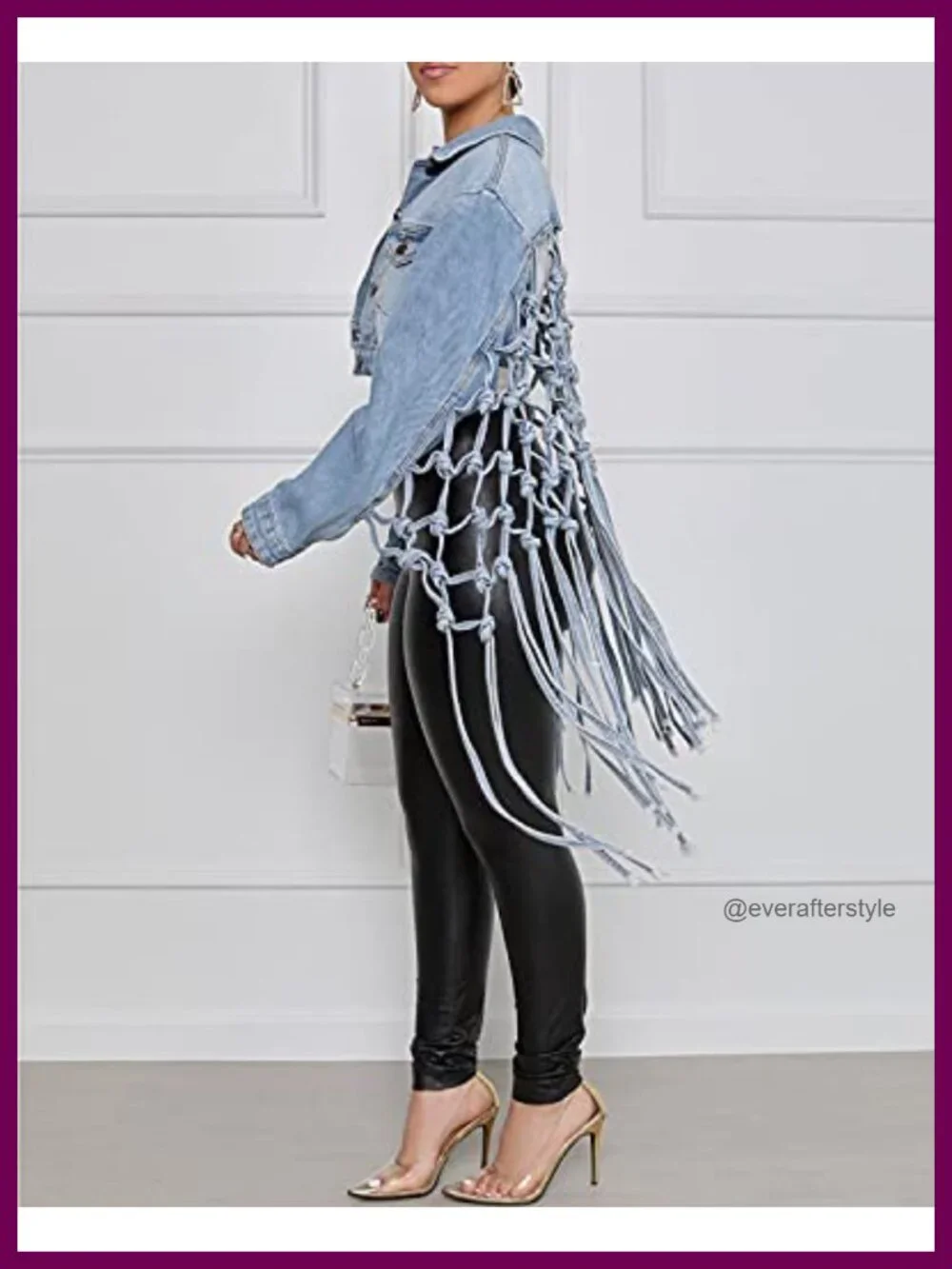 Womens Distressed Fringe Denim Jacket Cropped Button Down Ripped Knotted Puff